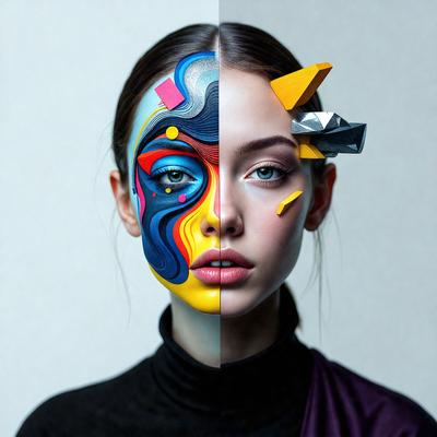 The primary subject of the image is a woman with a unique and artistic appearance. She has a face painted with a combination of yellow, blue, and red colors, giving her a vibrant and creative look. The setting is a studio, and the visual style is a close-up portrait. The woman's face is the main focus of the image, and the colors and mood convey a sense of energy and individuality.